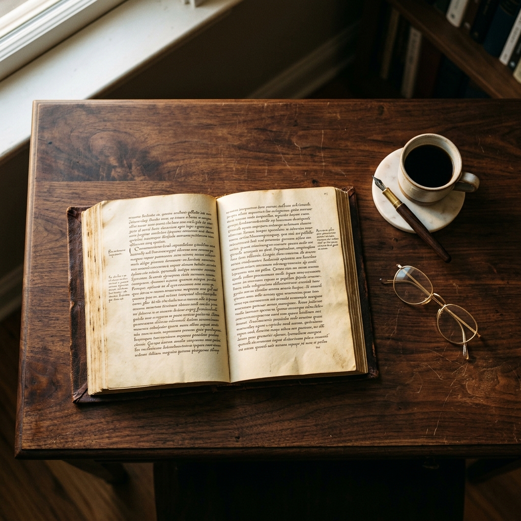 Open leather-bound book on a scholar's desk with fountain pen and reading glasses, bathed in warm golden light