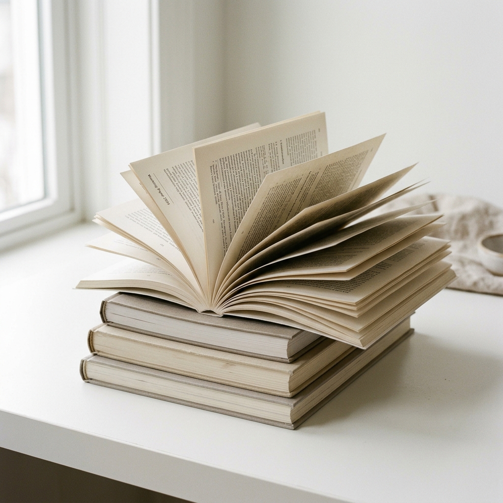 Stacked academic papers and journals in soft natural light