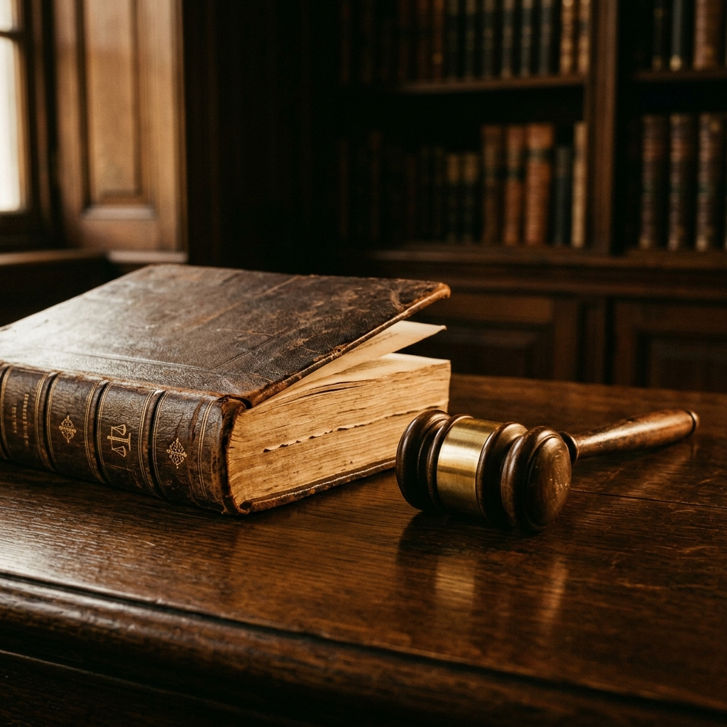 Leather-bound legal tome with brass gavel on polished dark wood