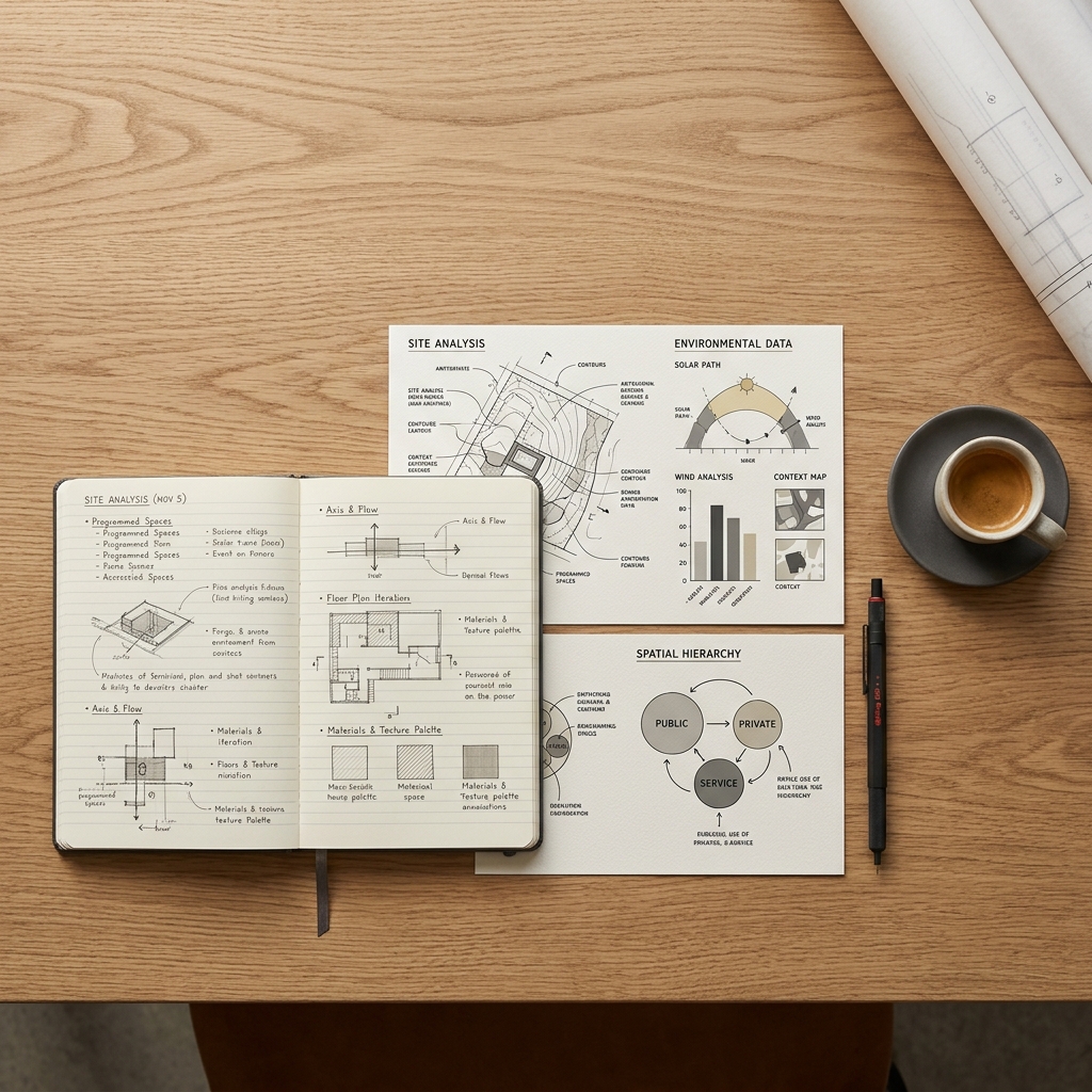 Clean desk with analytical charts, notebook and espresso — strategic thinking
